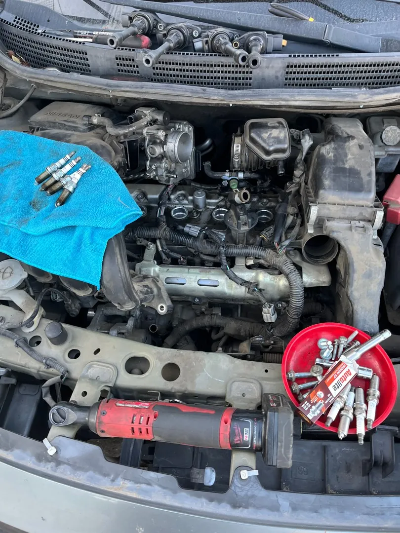 Coils and plugs laid out beside the car.